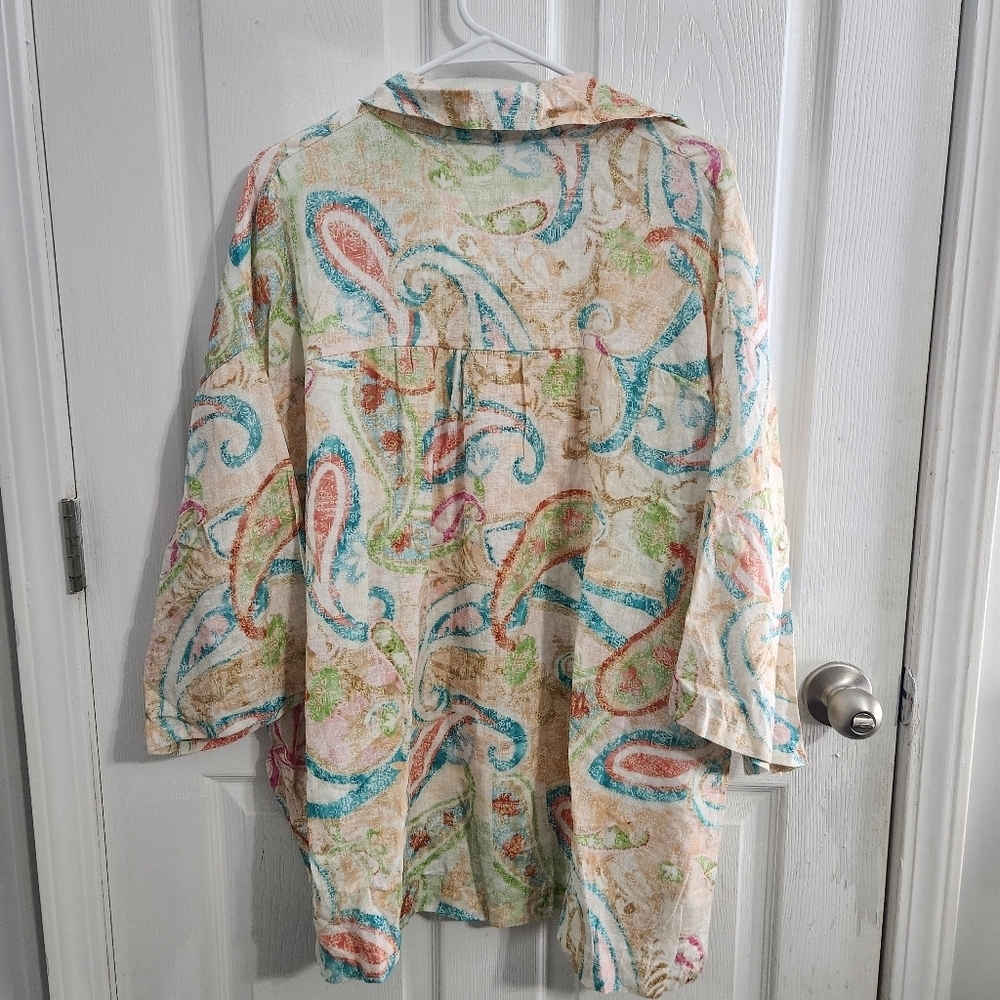 NWT Itallian 100% Linen beachy island button up shirt coastal paisley artsy OS - Picture 10 of 12